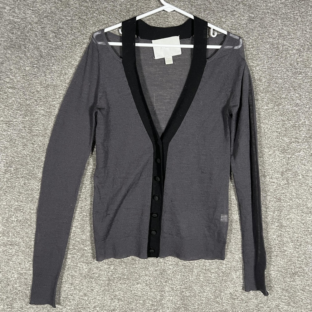 ALC Cardigan Sweater Womens XS Gray Black‎ Wool Lightweight V Neck Button